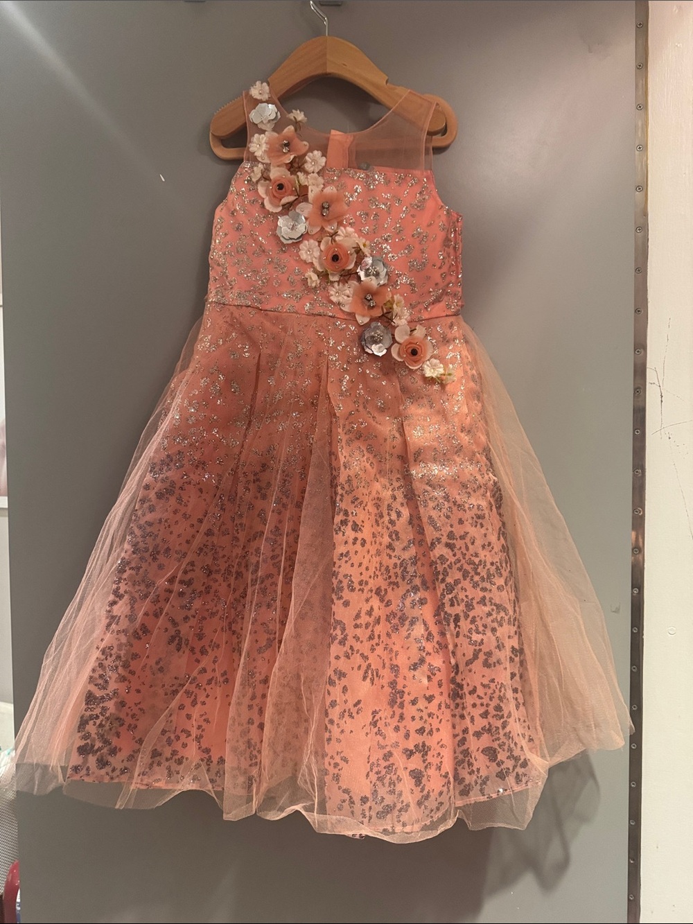 Peach Floral Embellished Tulle Dress